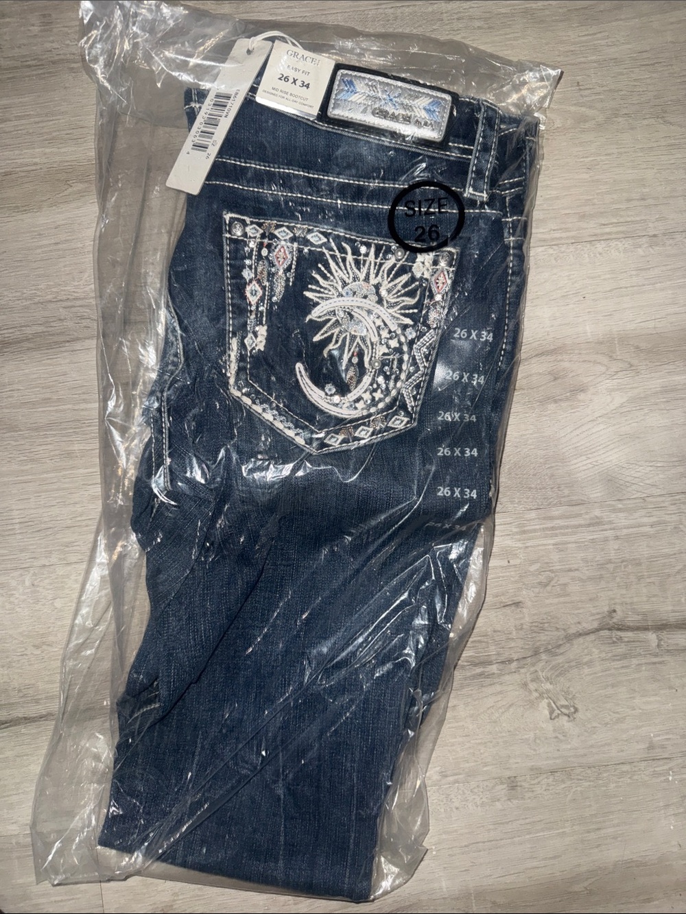 Grace in LA Dark Blue Bootcut Jeans with Embroidered Moon & Sun Pocket